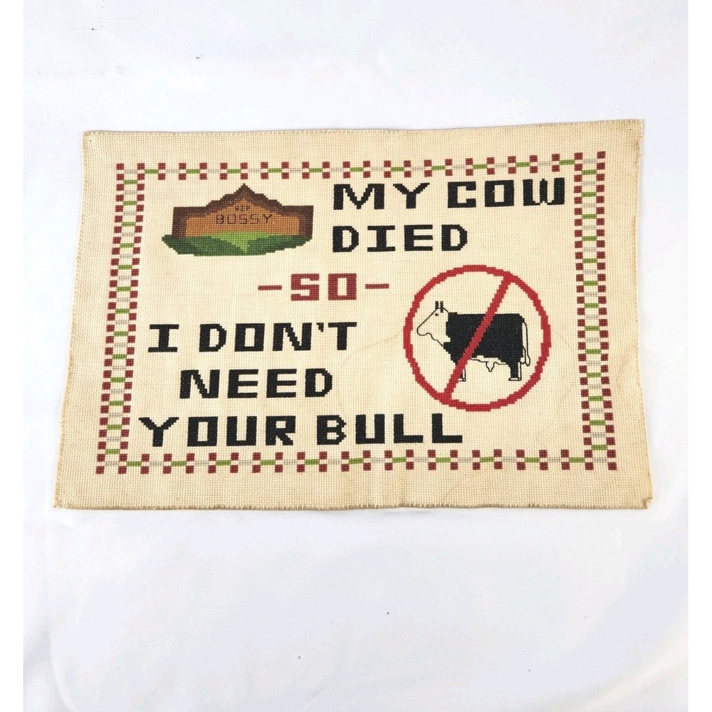 Vtg Funny Cross Stitch Embroidery Wall Art Farmhouse Farm Barn Cottagecore Cow